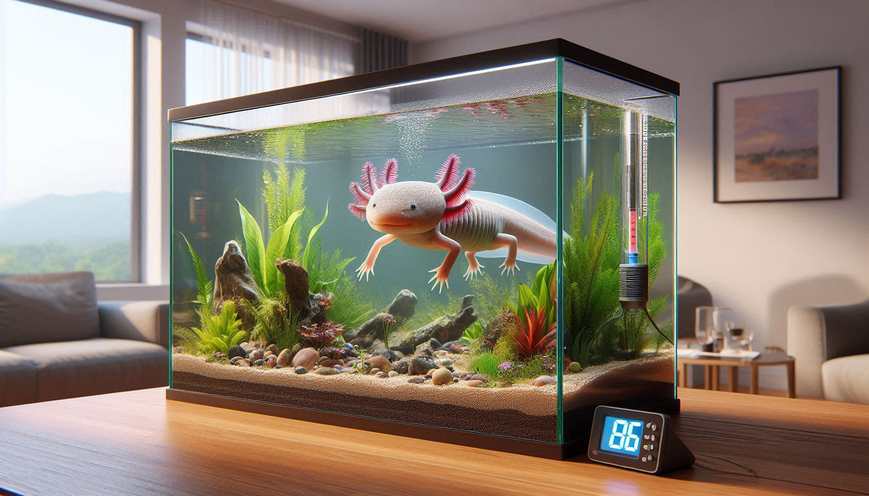 A cool axolotl tank setup features a clear aquarium with plants and rocks, elegantly displayed indoors on a wooden table. An external digital thermometer reads 68 degrees, showcasing an ideal environment for your aquatic companion.