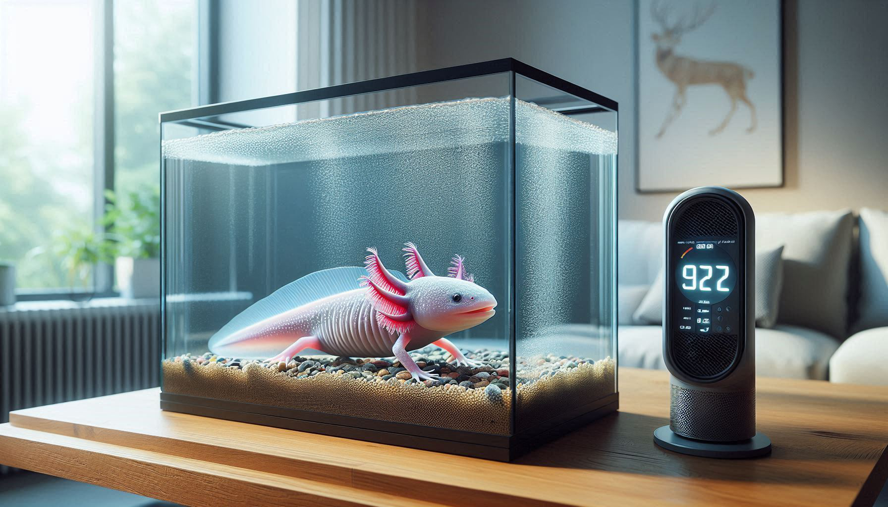A cool axolotl tank setup features a pink axolotl in an aquarium on a wooden table. Nearby, a digital device shows "9:27" in a room adorned with a sofa and deer artwork on the wall, offering cozy inspiration for aquatic enthusiasts.