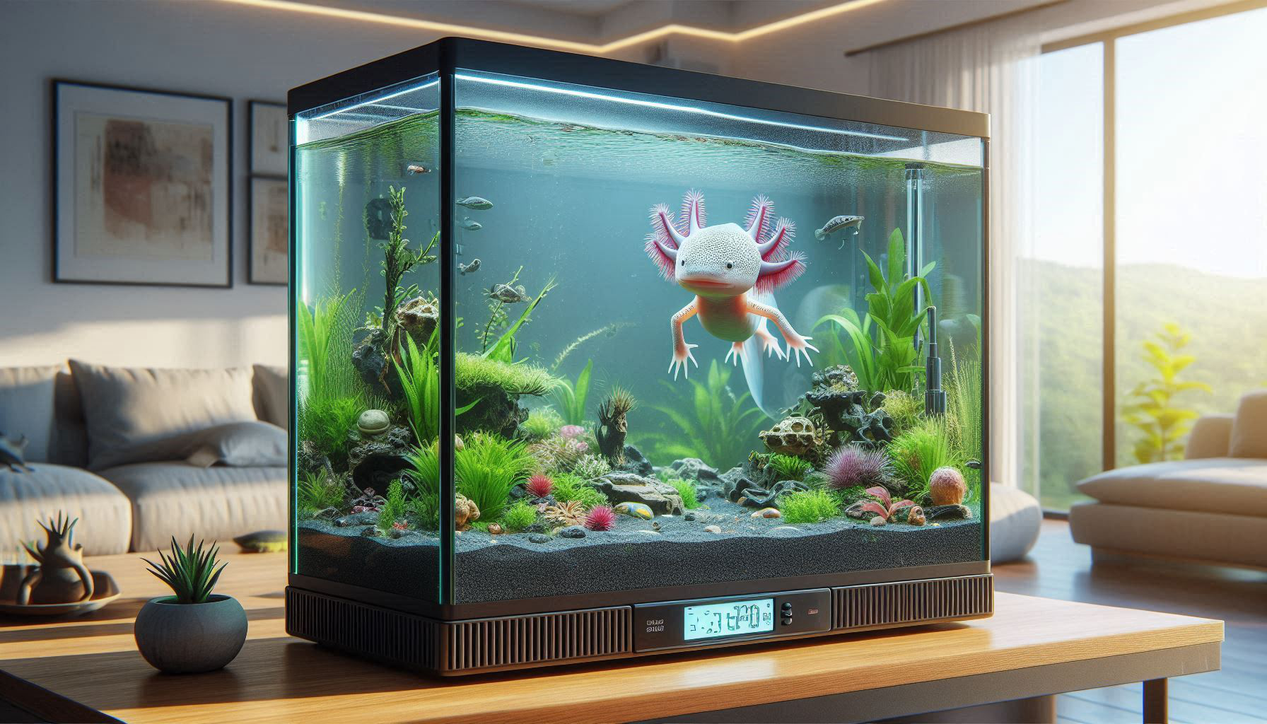 A cool axolotl tank setup features a well-lit aquarium with plants and rocks, perfectly positioned on a wooden table in a modern living room. Large windows offer an expansive mountain view, making it an ideal environment for your aquatic friend.