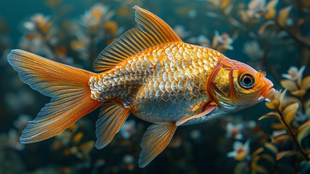 Close-up highlighting the gill area and pectoral fin of a male comet goldfish.