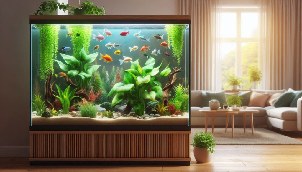 A large aquarium featuring colorful fish and lush green plants, including a thriving pathos plant in the fish tank, is set in a bright, modern living room with a sofa, coffee table, and expansive window in the background.