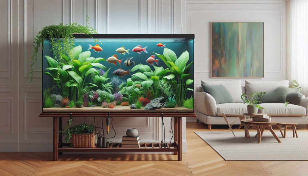 A large aquarium with colorful fish, lush plants, and a vibrant Pathos Plant in the fish tank sits on a wooden stand in a bright living room with modern decor, a sofa, and wall art.