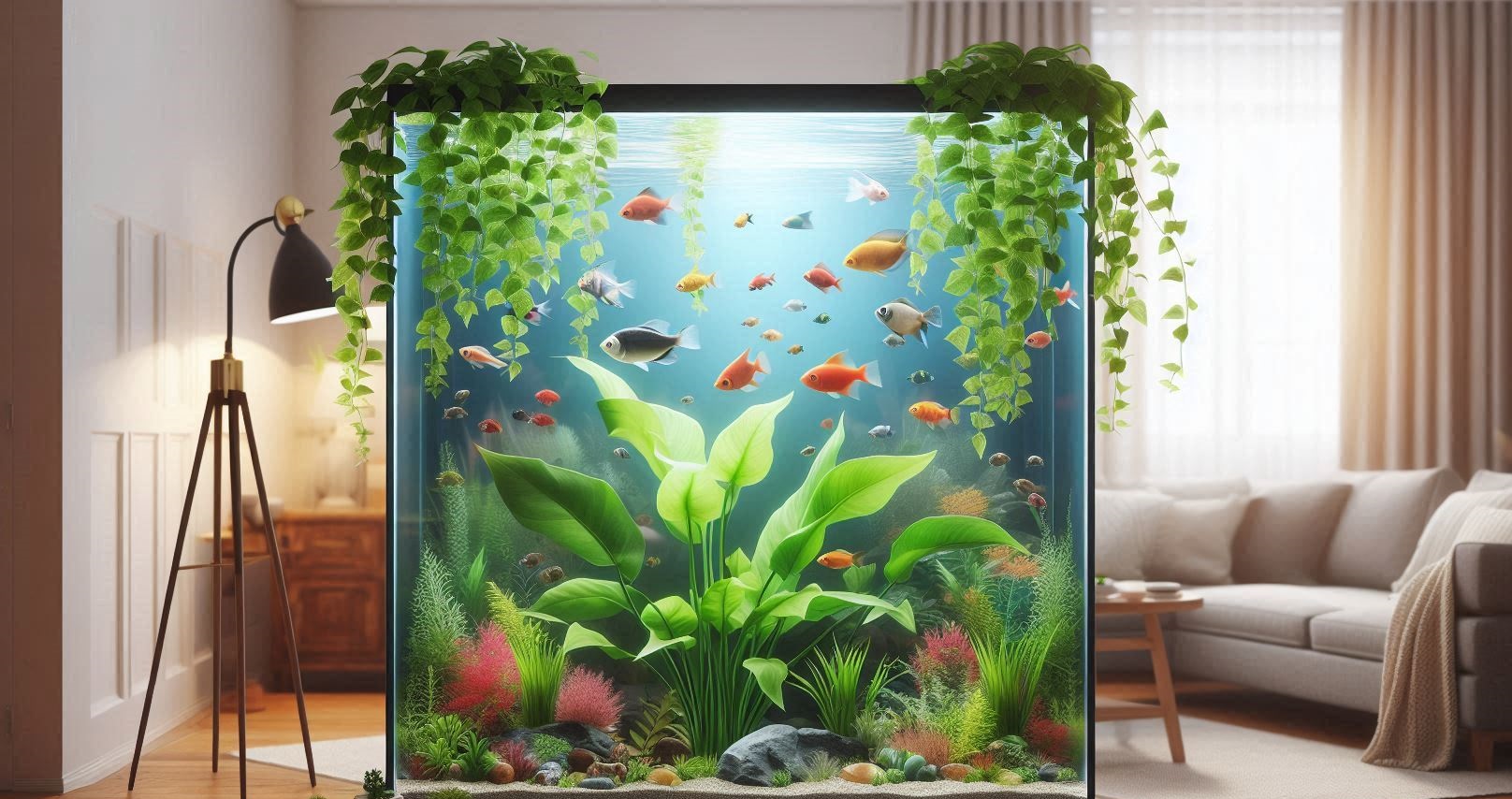 A large aquarium with various colorful fish and green plants, including a pathos plant in the fish tank, sits in a bright living room surrounded by hanging vines.