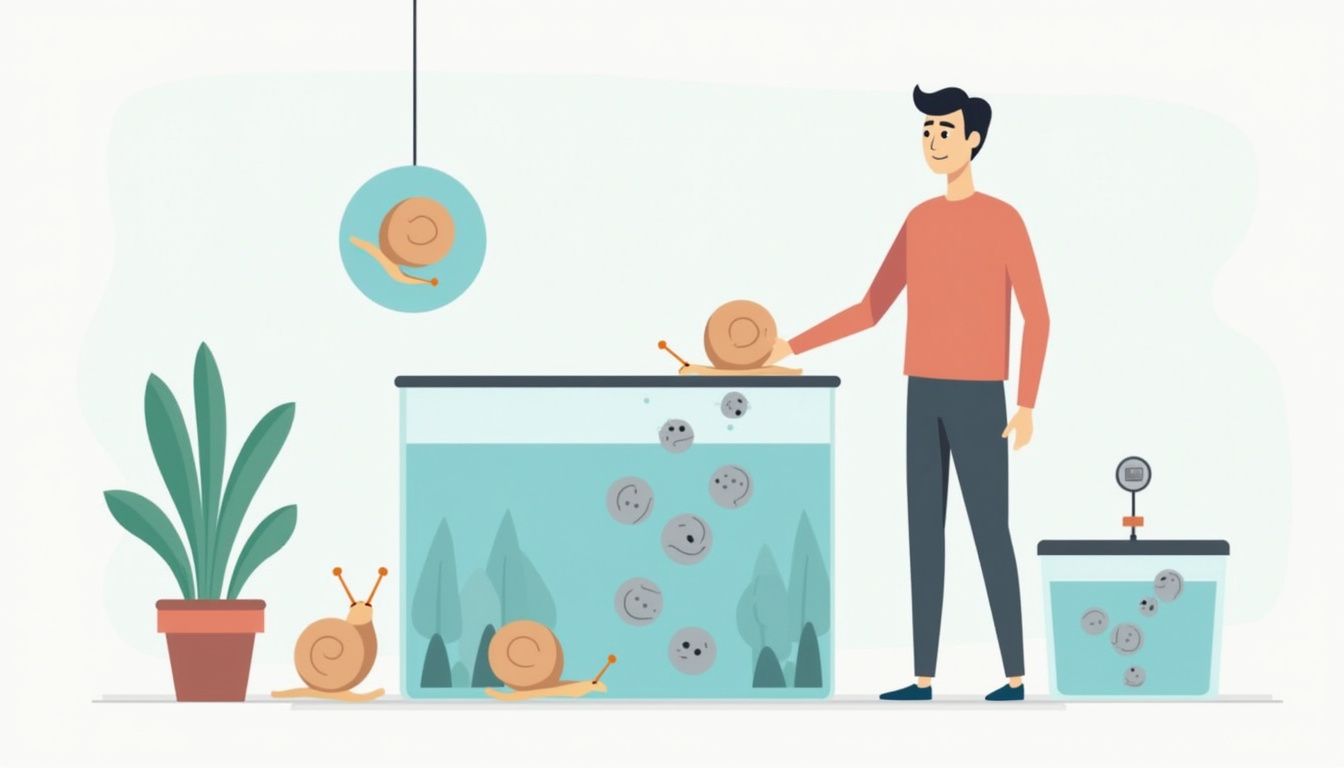 Illustration of person transferring mystery snail eggs to container with care.