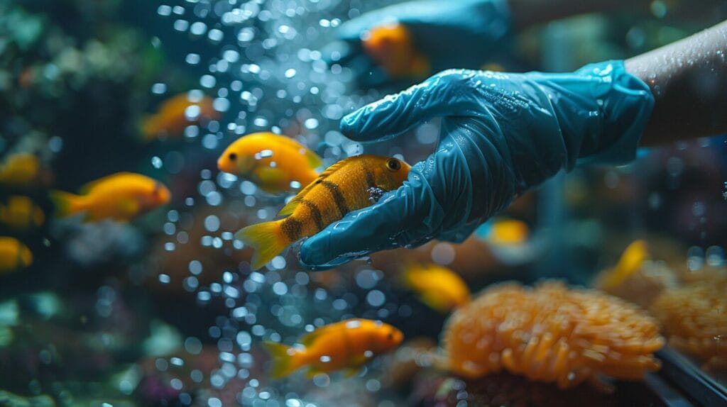 Demonstrating safe handling of fish with gloves during aquarium maintenance.