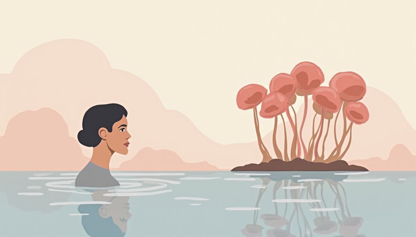 A minimalist flat design illustration of a person observing pink-to-brown mystery snail eggs.