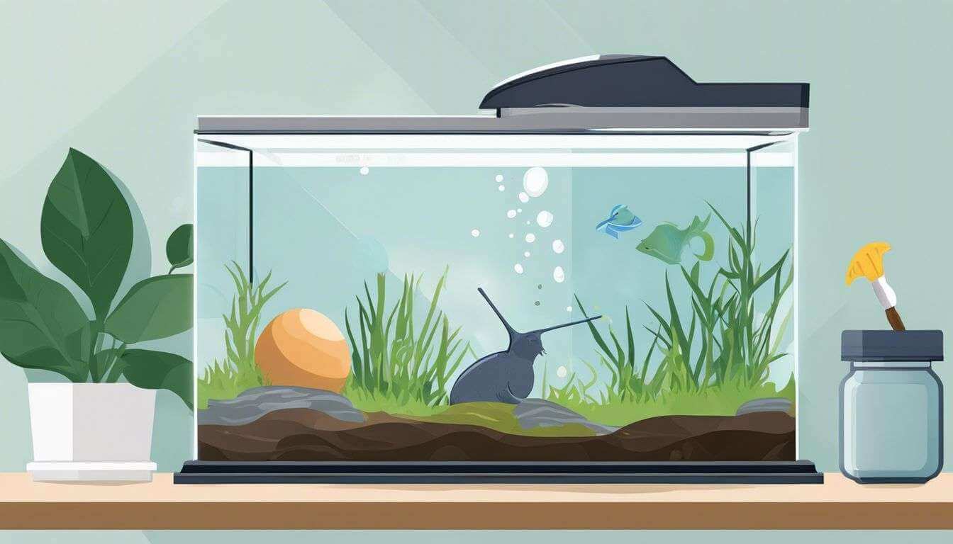A person carefully removing a mystery snail egg clutch from an aquarium.