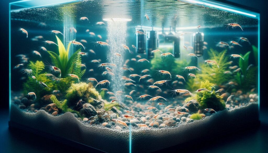 A small aquarium with shrimp, pebbles, and aquatic plants is illuminated by overhead light, showcasing a filtration system and bubbles. Ever wonder how long brine shrimp live in such a vibrant setup?.