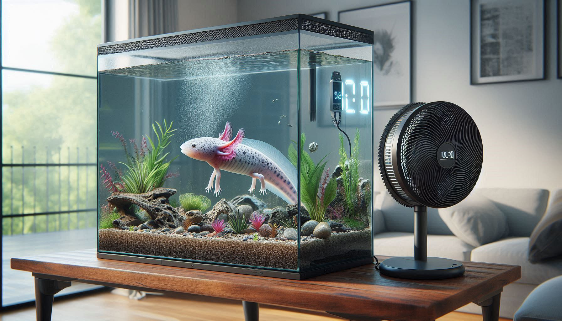 An aquarium, showcasing cool axolotl tank setup ideas with plants, rocks, and sand, rests on a wooden table. A digital thermometer clings to the glass while a table fan hums nearby. In the background, sunlight streams through a window beside a cozy sofa.