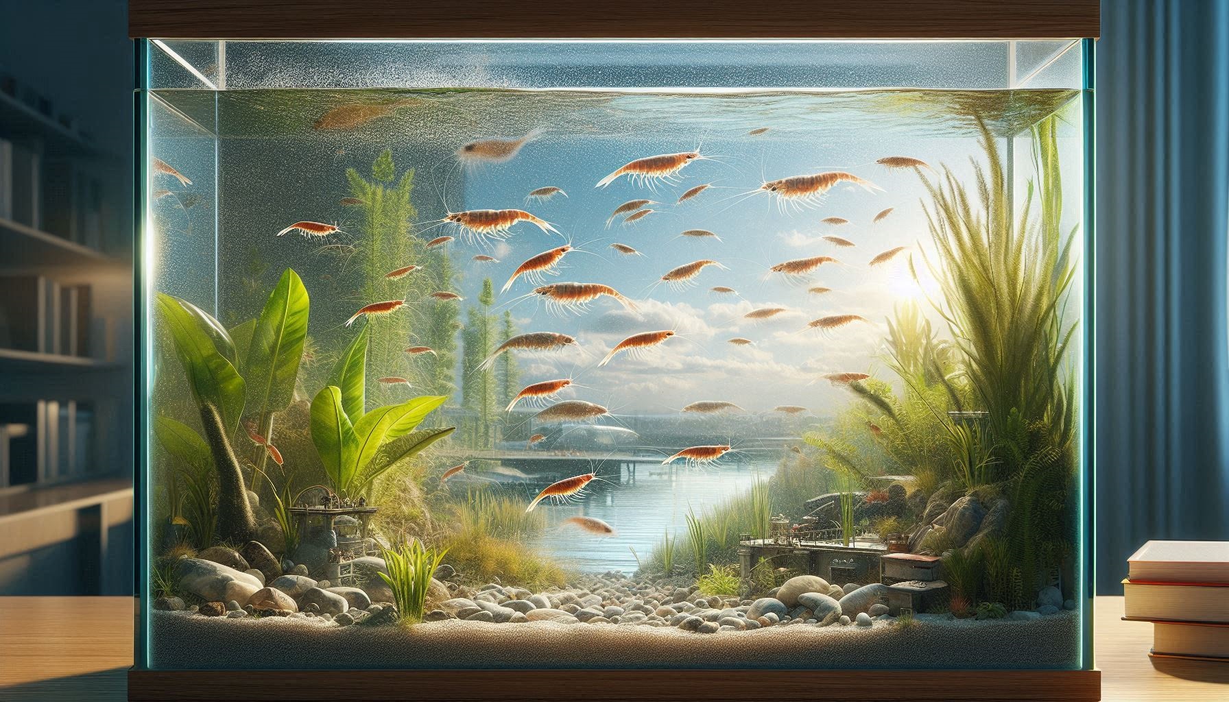 An aquarium with numerous red shrimps, green plants, pebbles, and driftwood. As sunlight filters through the water, highlighting the shrimps' movements, one might wonder how long brine shrimp live in such a serene environment.