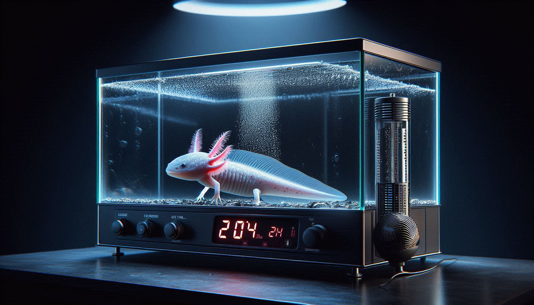 Experience cool axolotl tank setup ideas with a modern aquarium featuring soft lighting, digital temperature display, and control buttons on the front panel—a perfect blend of style and functionality.