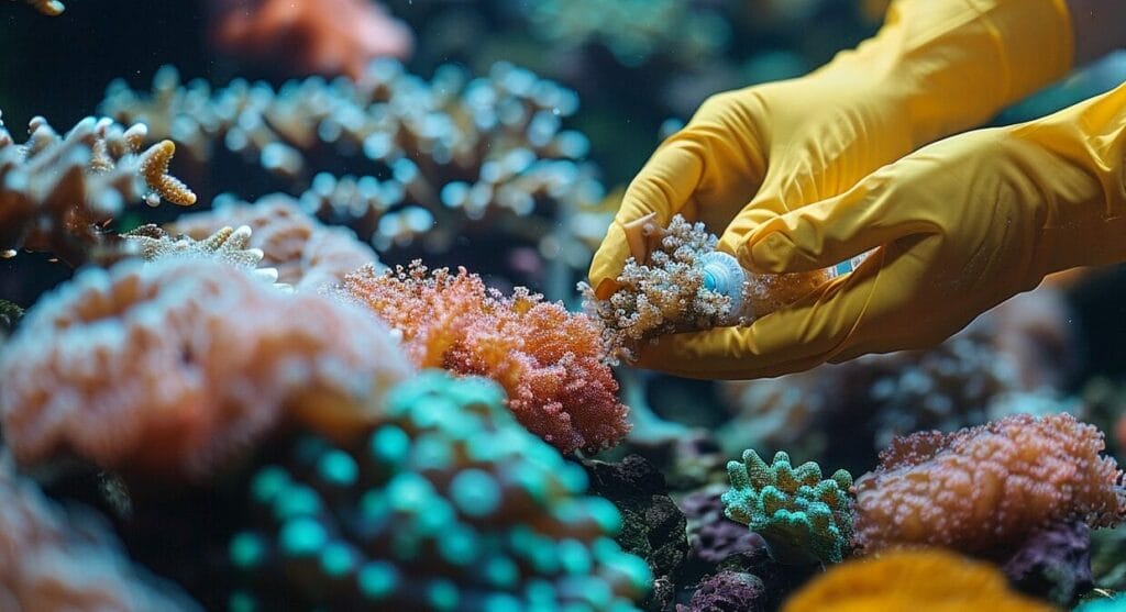 Close-up of gloved hands handling coral safely in an aquarium.