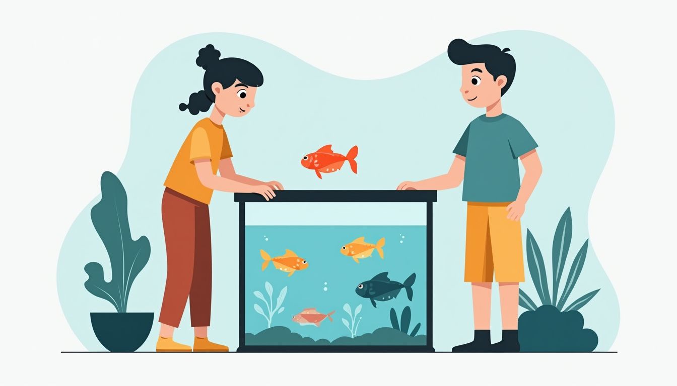 Person observing comet goldfish in clear aquarium with stylized fish.