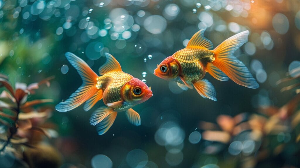 Male and female comet goldfish interacting during a spawning ritual.
